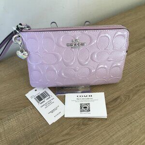 Coach Embossed Corner Zip Wristlet in Lavender Purple w/Rainbow Heart Charm NWT